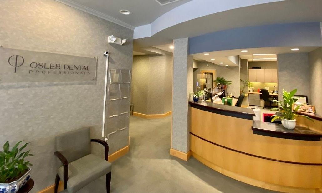 Reception area and front desk at Osler Dental Professionals