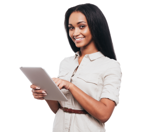 Smiling woman holding a tablet